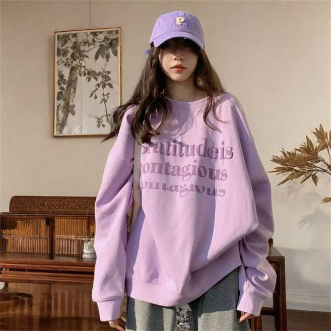 VEZRI 여성 봄 가을 라벤더 오버핏 맨투맨 얇은 두께 루즈핏 빅사이즈 데일리 캐주얼 상의 F88