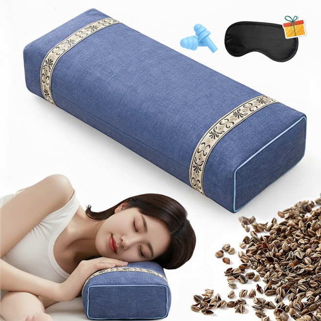 Novah 메밀 베개 사각형 경추베개 전통무늬 깊은잠 보호, 1개, 다크 블루