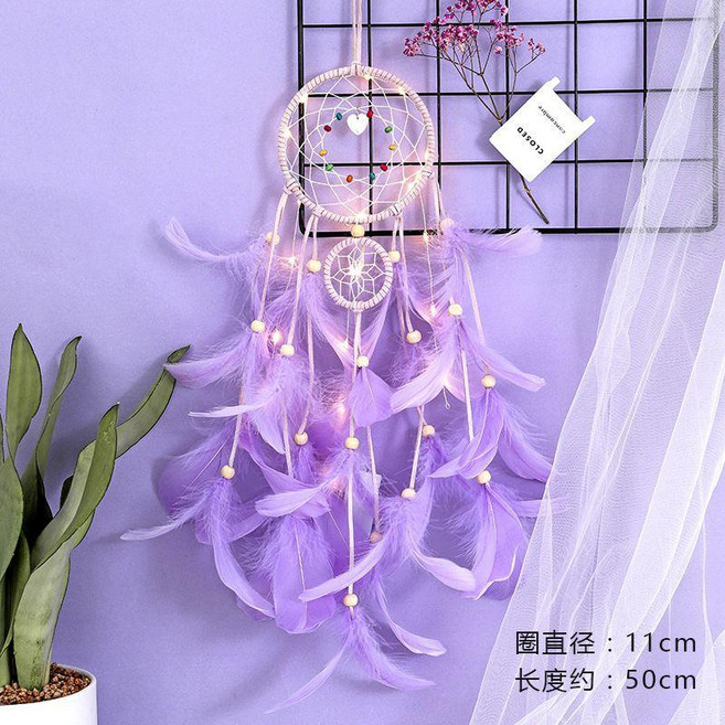 印第安森系捕夢網 含燈 臥室牀頭風鈴掛飾, 十里桃花 紫色 無燈,極速+粘鉤, 紫色, 十里桃花