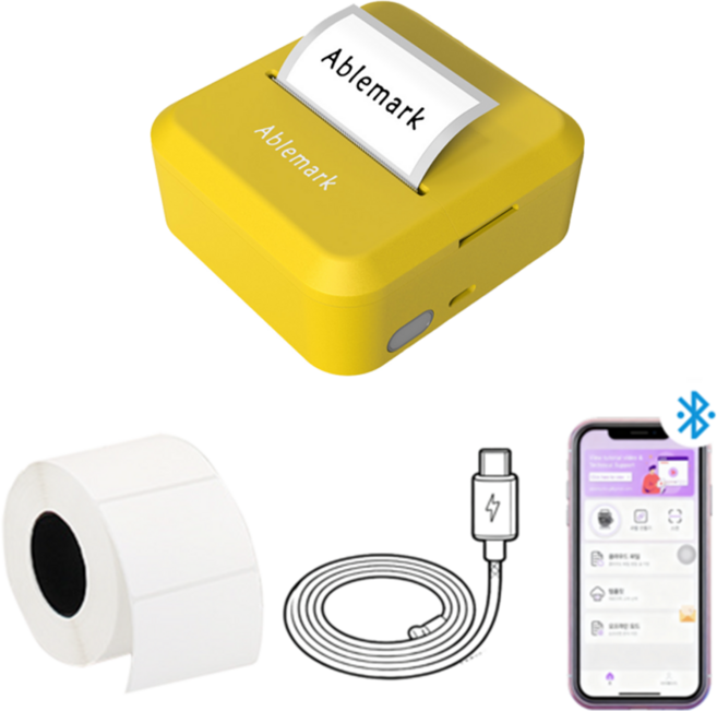 Ablemark 라벨 프린터기 스티커 라벨지포함 고속인쇄 바코드 생성 큐알코드 스캔 가능, 1세트, 엘로우