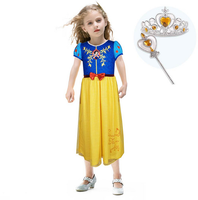 백설공주 일반형 실내복 (옐로왕관+봉) 유아동 어린이 반팔 공주 드레스