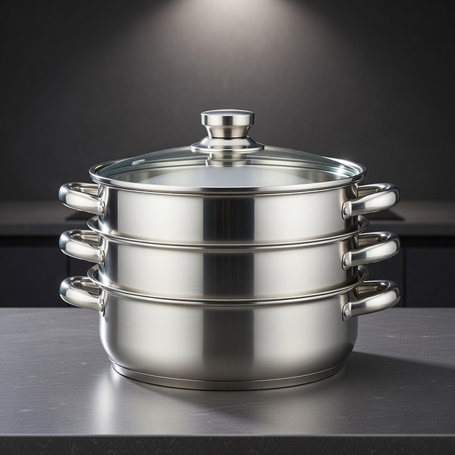 [독일브랜드] 스테인레스 3단 찜솥 스테인리스 냄비 세트 28cm 인덕션 겸용 대용량 찜기 찜통 만두 해물찜 곰솥 양수냄비 유리뚜껑 포함, 1세트