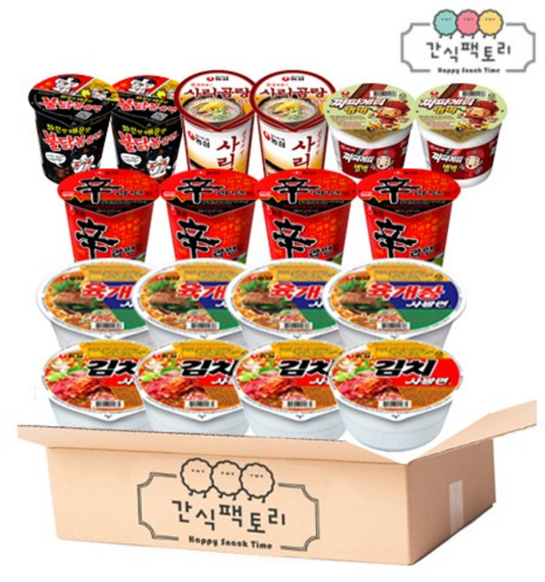 [간식팩토리] 소컵라면 6종류 총18입 (육개장4입+김치사발면4입+신라면4입+짜파게티범벅2입+사리곰탕면2입+불닭볶음면2입), 18입 1세트