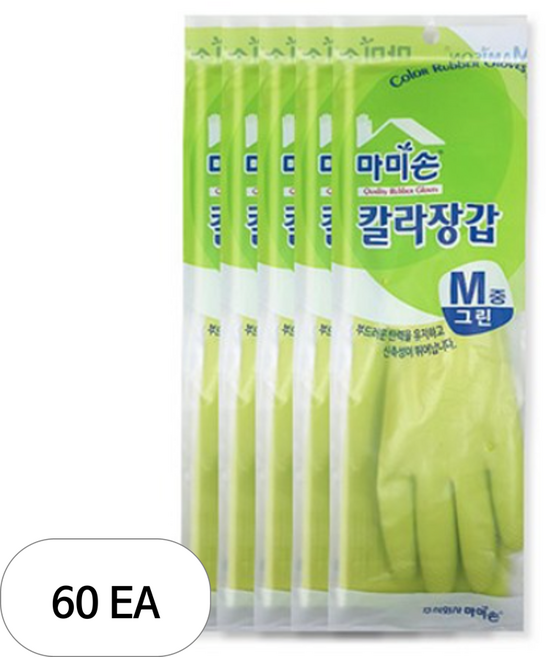 마미손 칼라 고무장갑 M, 60개, 그린