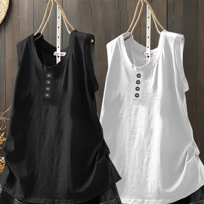 ROYALBELLE 2장묶음 여성 라운드넥 버튼 루즈핏 빅사이즈 얇은 민소매 티셔츠 V01022633