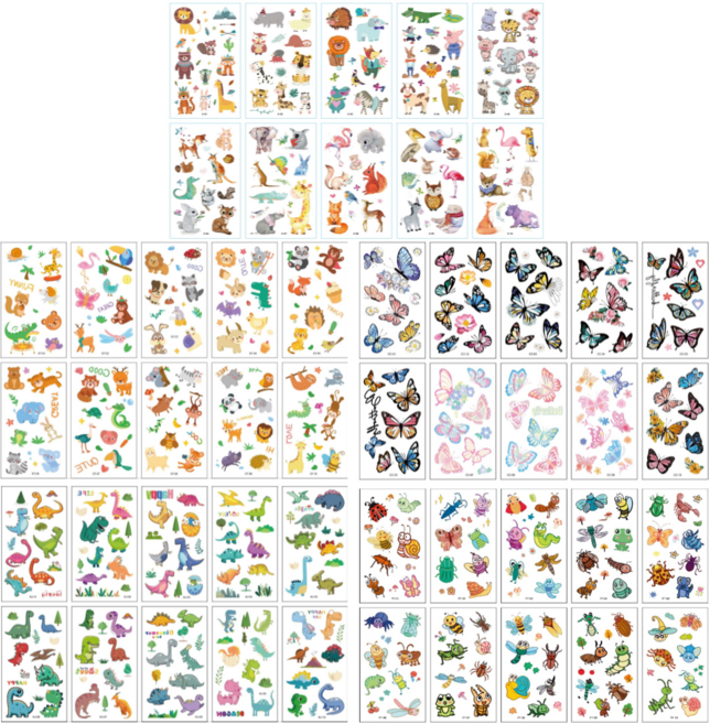 (50장세트) 어린이 타투 스티커 판박이(동물2+곤충+나비+공룡) 남아용 숲속동물테마, 1세트, 숲속동물 테마 50장