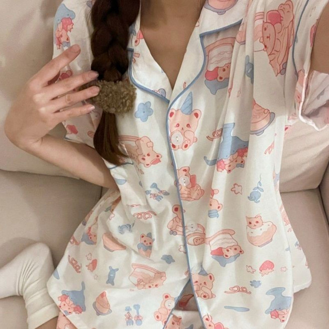 卡通印花短袖睡衣套裝 女款家居服