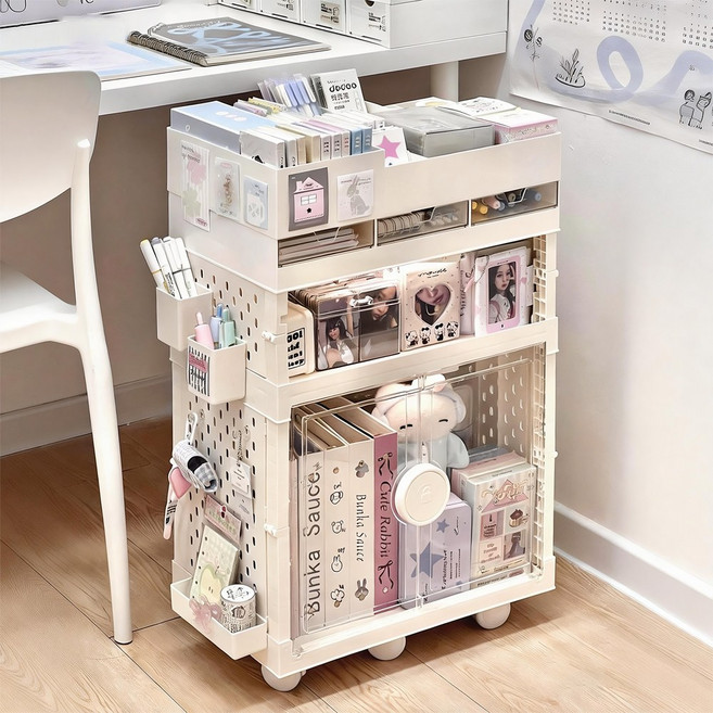 엠티링크 다용도 책상 밑 서랍장 수납장 책장 문구 수납선반 수납함 이동식 바퀴형 사무용 접이식, 투명, 3단