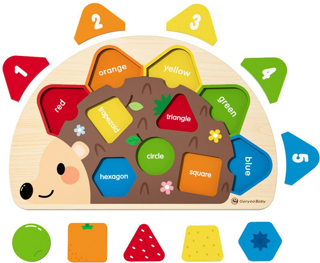 고려베이비 고슴도치 원목 도형 퍼즐 모양 맞추기 놀이 교구, 10피스, 1개