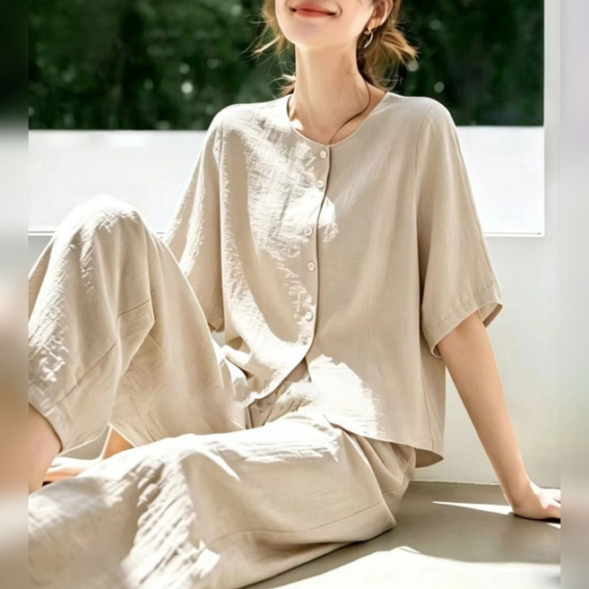 지고다그 여성 여름 투피스 세트 반팔 긴바지 홈웨어 린넨 루즈핏 잠옷 데일리 실내복 상하의 세트 HHC0268