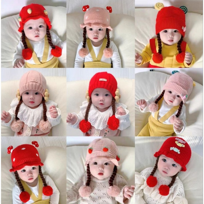女寶寶辮子造型毛帽 嬰幼兒保暖毛線帽 春秋冬適用