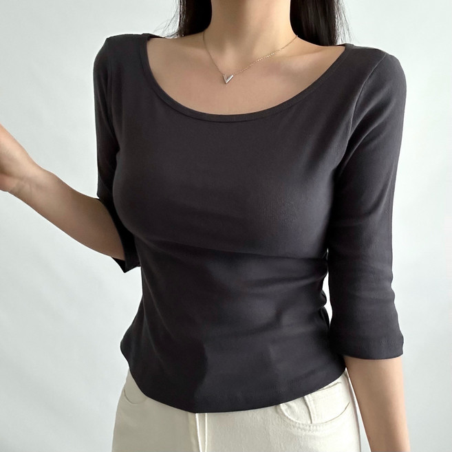더한땀 여성 여리핏 보트넥 코튼 7부 티셔츠 팔뚝살커버 무지티
