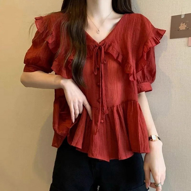 여성 여름 빅 사이즈 셔츠 인형 넥 프릴 텐셀 톱 반팔 블라우스