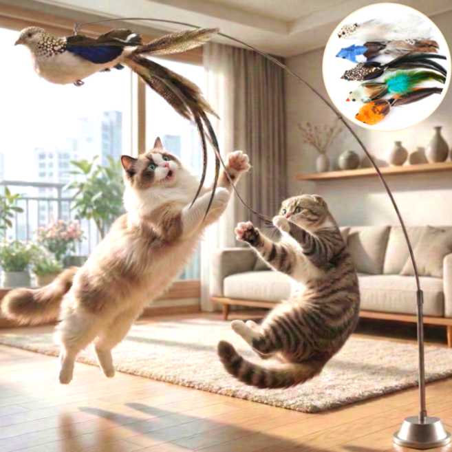스마일플로우 진짜같은 새 고양이 최애 풀세트 튼튼 고정 낚시대 장난감, 1세트, 블랙화이트 새