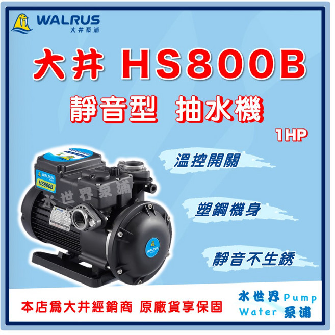 大井 HS800B 1HP 靜音抽水機, 1個, HS800B【單買】（白鐵葉輪）,標準 1"（25mm) / 110V