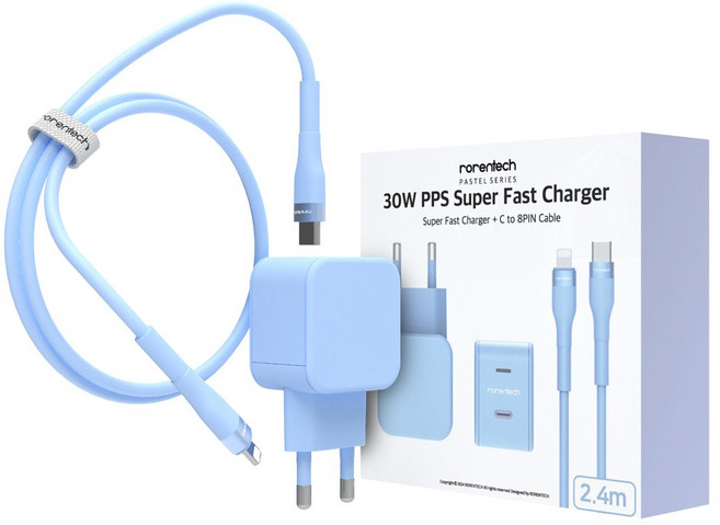 로랜텍 파스텔 고속 충전기 + PD C타입 to 8핀 케이블 2.4m 세트, 1개, 블루