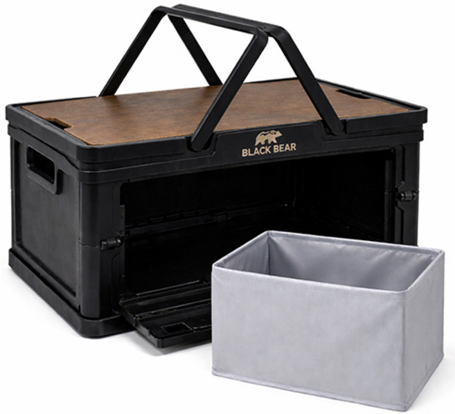 캠핑 폴딩박스 수납박스 접이식 테이블 대형 다용도 캠핑박스, 1개, 1단, 블랙 (원목상판+방수팩 포함)