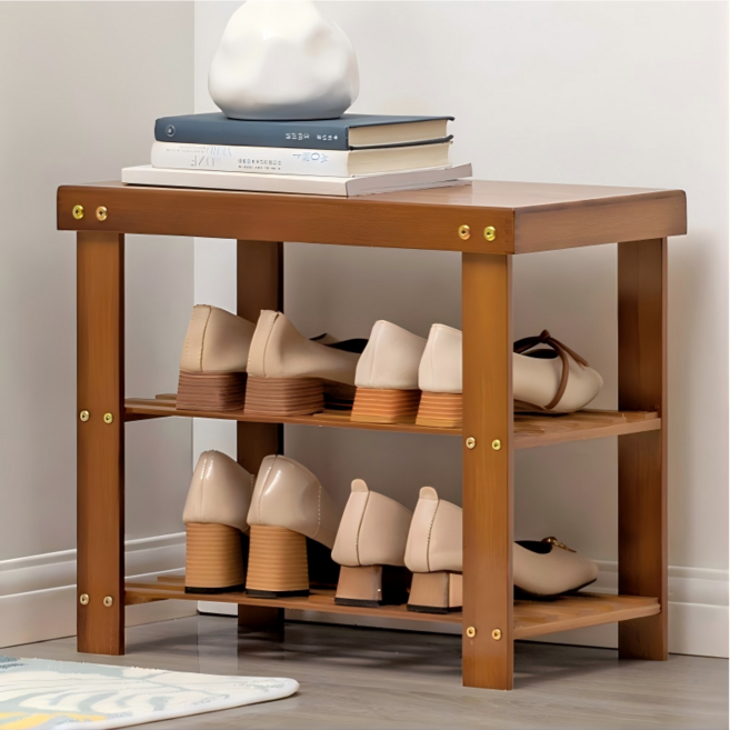 쿠리브 대나무 현관 벤치 수납장 신발장 정리대, 2단, 월넛 50cm