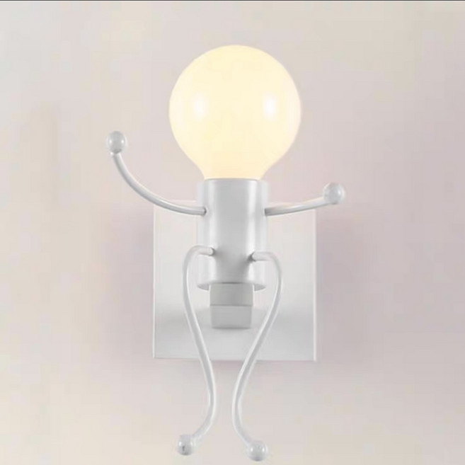 HUGO LIGHTING 小黑人爬樓梯造型壁燈，復古實木裝飾檯燈，床頭燈，走道燈, 小白單人（圓形底盤，12cm）,附G95 12w 黃光（奶白燈泡）