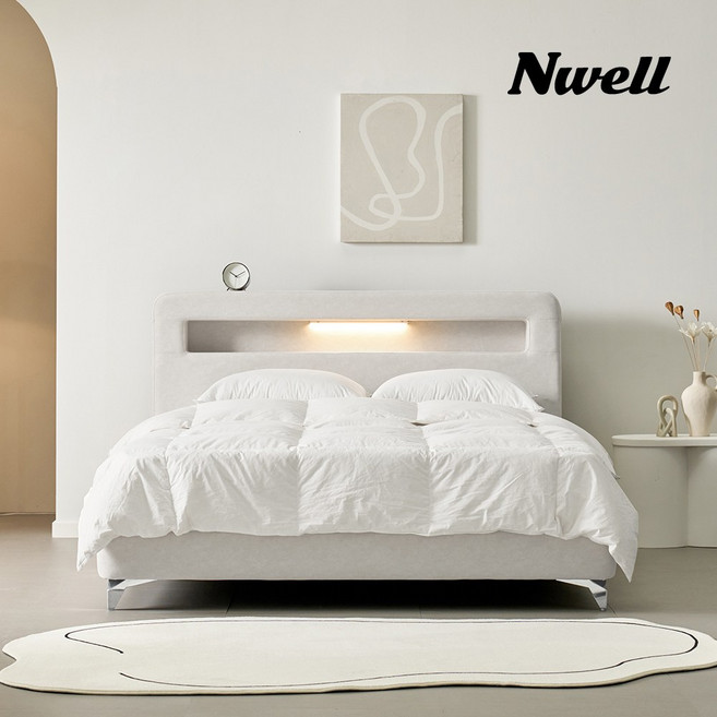 느웰베드 마네 LED 패브릭 침대 프레임, 스틸 다릿발(연그레이)