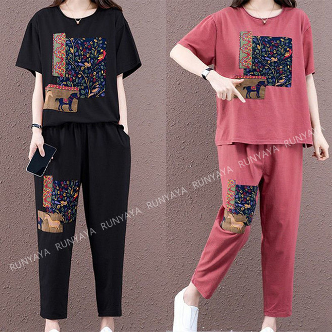 RUNYAYA 엄마세트 문예 캐주얼 세트 패턴 반팔티 + 밴딩 와이드 일자 9부바지 편하 여름 4050대 중년여성 상하투피스 M-4XL