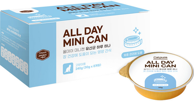 캣퓨어 고양이 올데이 유산균 미니 장건강 체중관리 도움 기능성 습식 간식캔, 8개, 30g, 치킨