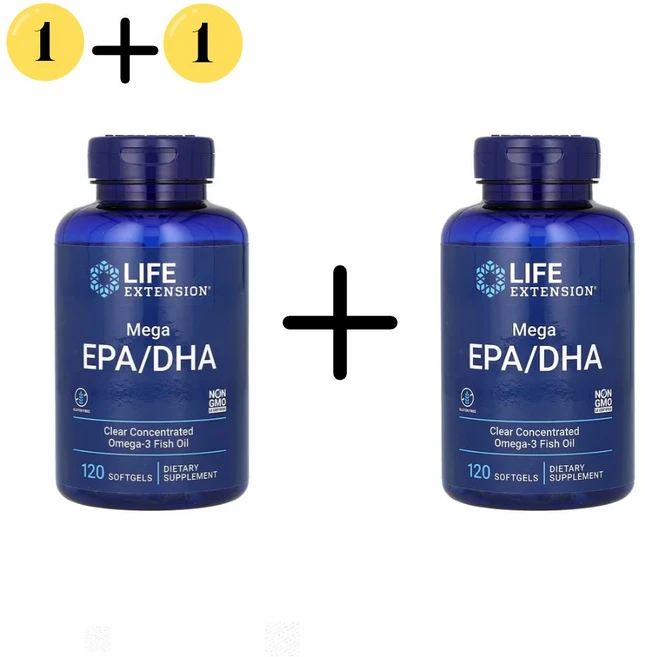 1+1 라이프 익스텐션 메가 에이코사펜타엔산 도코사헥사엔산 1000mg 120캡슐, 2개, 120정 - 쿠팡