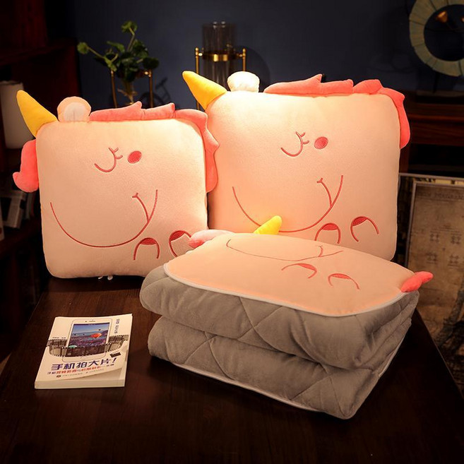 베개 퀼트 듀얼 목적 사무실 낮잠 작은 베개 자동차 담요 자동차 접이식 여름 귀여운, 면화45cm이불1.5*1.8M, 유니콘