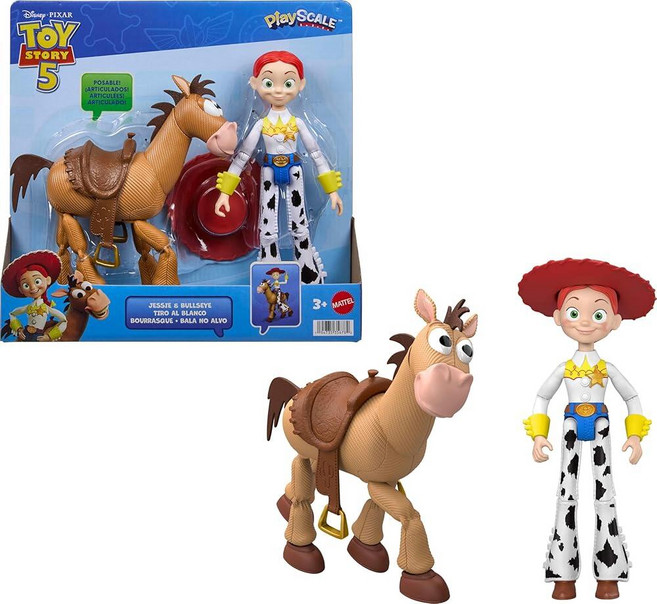 Mattel 디즈니와 픽사 토이 스토리 5 플레이스케일 포즈를 취할 수 있는 17.8cm(7인치) 액션 피규어 2팩 제시 & 불스아이 탈착식 카우보이 모자 382436