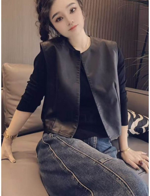 皮衣馬甲女 韓版時尚簡約設計感氣質百搭坎肩外套上衣