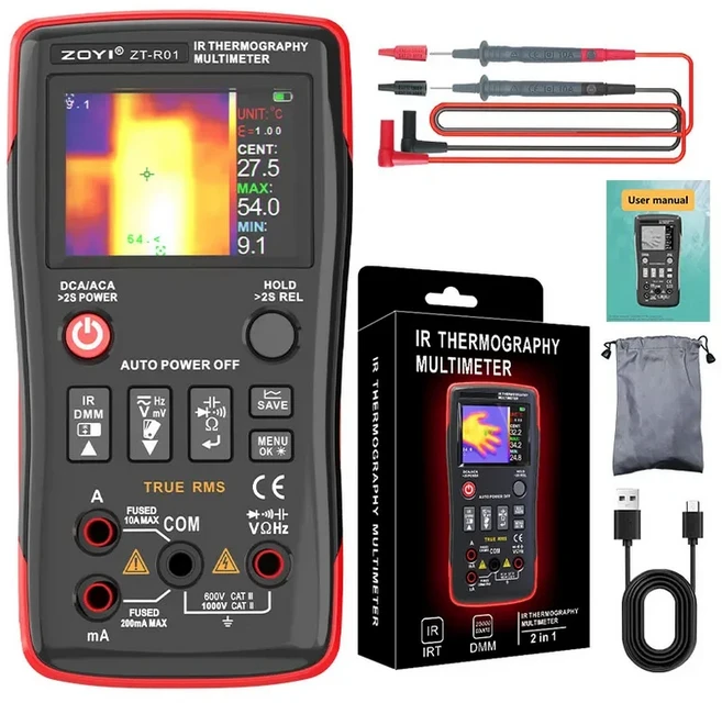 ZOYI ZT-R01 휴대용 HD 적외선 열화상 카메라 디지털 멀티미터 2-in-1 푸시 버튼 전기 기술자용 도구 가방