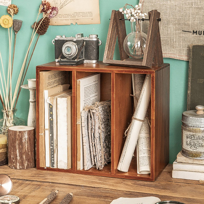 다용도 수납함 북엔드 빈티지 책꽂이 책상 정리함, 원목