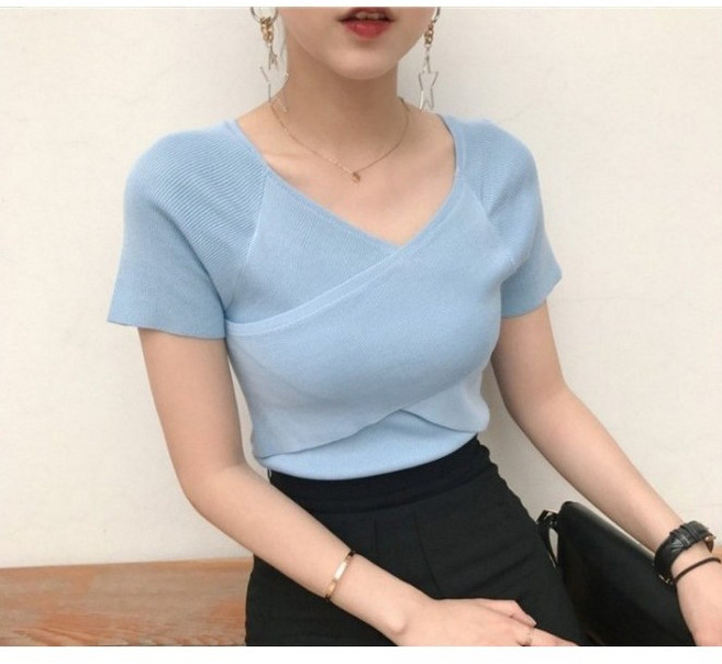 아이엠몽 여성용 크랑 크로스 베이직 니트 티셔츠