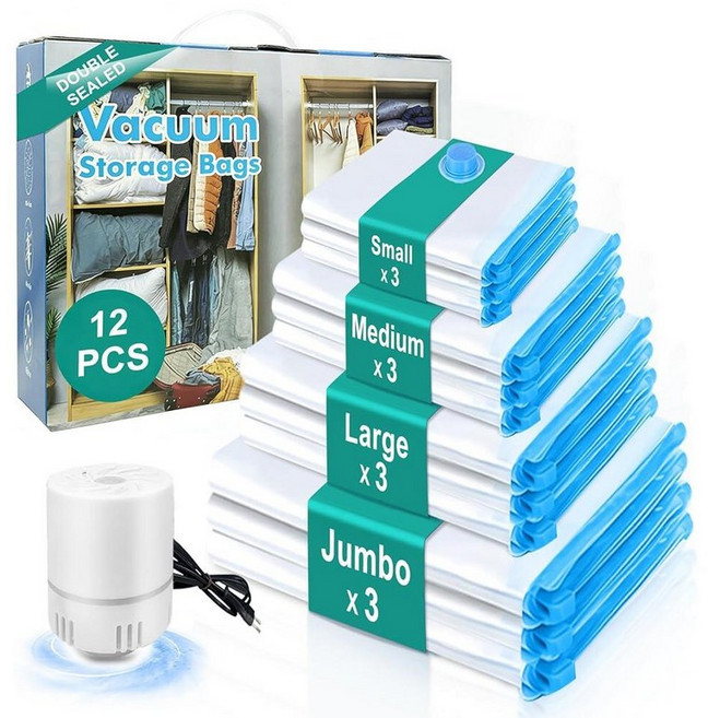 DEMCERT Vacuum Bags for Clothes 12 Pack with Air Pump 4 sizes x 3 (Jumbo/Large/Medium/Small) Duve