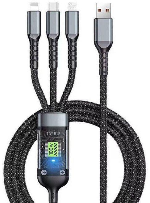 100W 三頭快充線, 1入, 120cm, 黑色