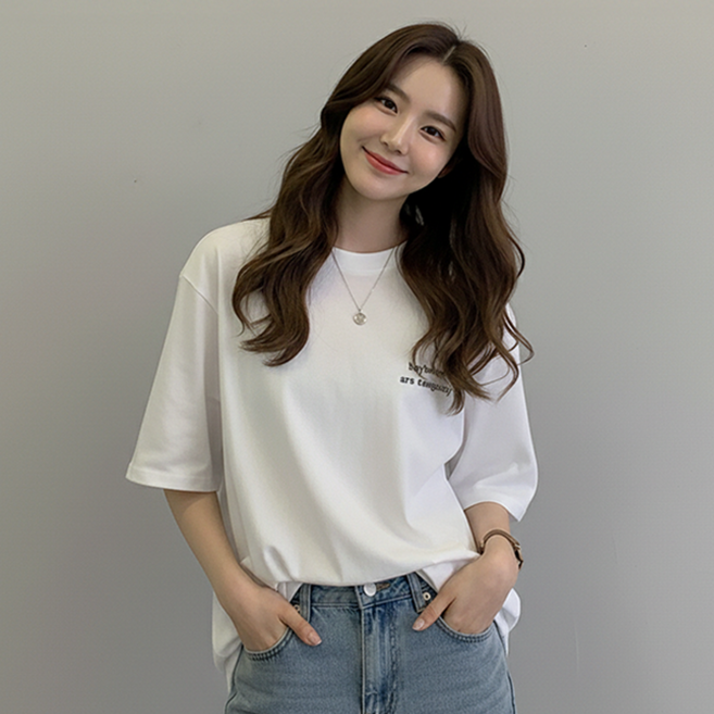 데일로엔 여성 여름 오버핏 미니 레터링 데일리 반팔 티셔츠