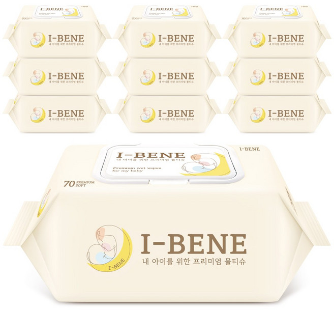 아이베네 안심 아기 물티슈 캡형 70매 10개입 두꺼운 물티슈 엠보싱 무향 저자극, 1개