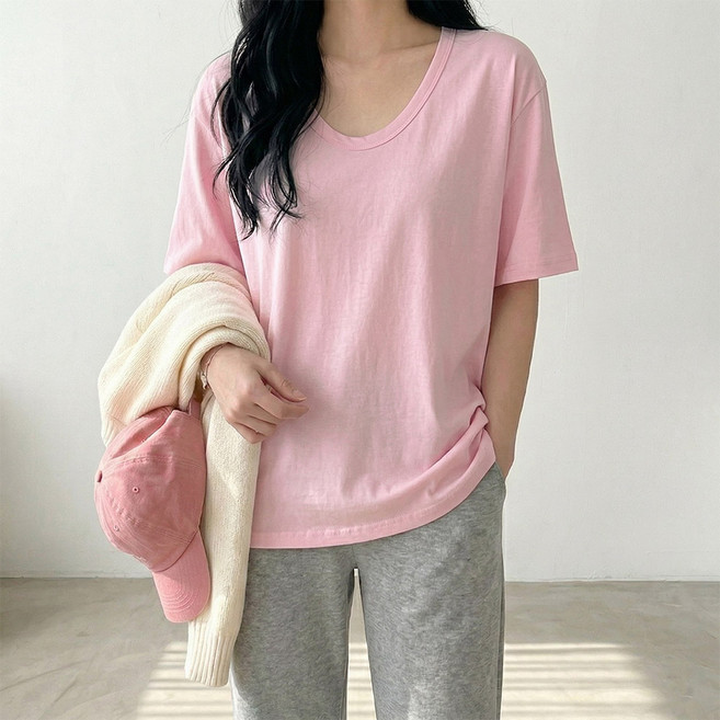 데일리앤 네버 무지 여자 반팔 티셔츠 면 기본 레이어드 이너 유넥 여름