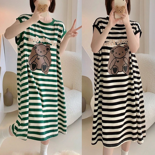 여름 스트라이프 민소매 롱 원피스 캐주얼 홈웨어 파자마 원피스