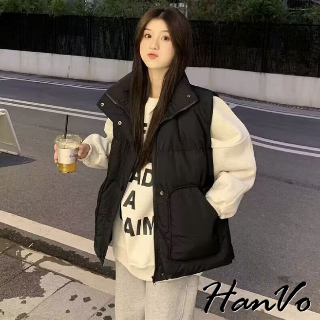 HanVo 大口袋寬鬆羽絨背心 時尚簡約百搭外套 韓系女裝 A07-4535