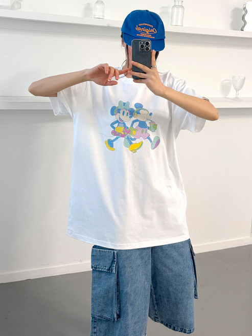 (무배)디즈니 네온 미키 덤블 워싱 박스 오버핏 남여공용 반팔 롱 티셔츠