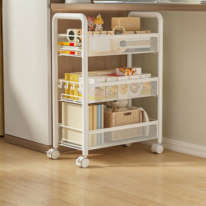 Dune 메쉬 철제 이동식 트롤리 만향바퀴 주방 정리함 수납 카트 핸들 후크 다용도, 3단, 흰색