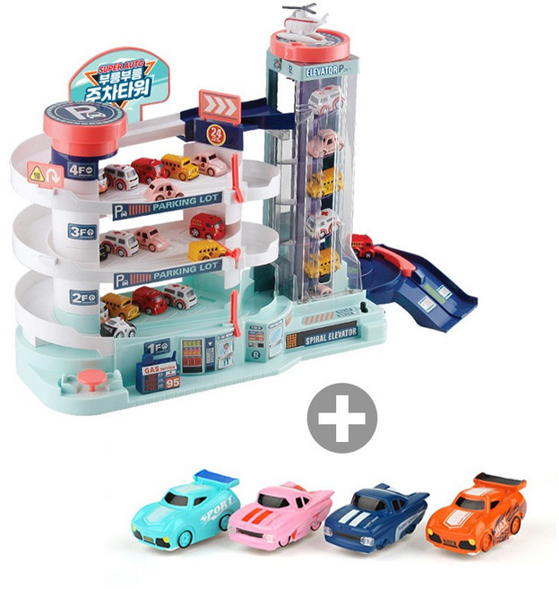 레츠토이 슈퍼오토 부릉부릉 주차타워+미니카 4개 자동차장난감, 부릉부릉 주차타워+미니카4개