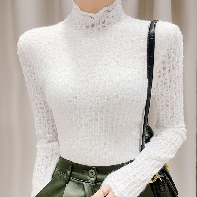 아이엠몽 여성 시스루 레이스 프릴 긴팔 티셔츠