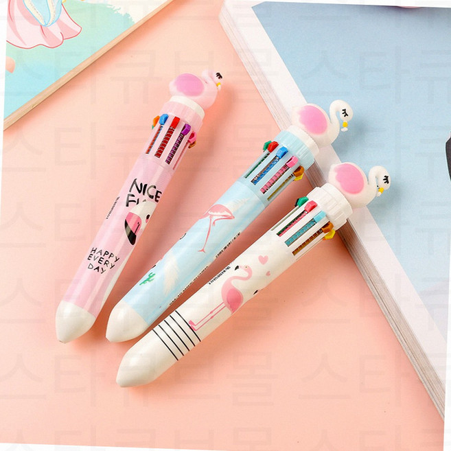 귀여운 피규어 인형 멀티펜 캐릭터 푸시펜 다용도 선물용 10색 볼펜, 백조랜덤
