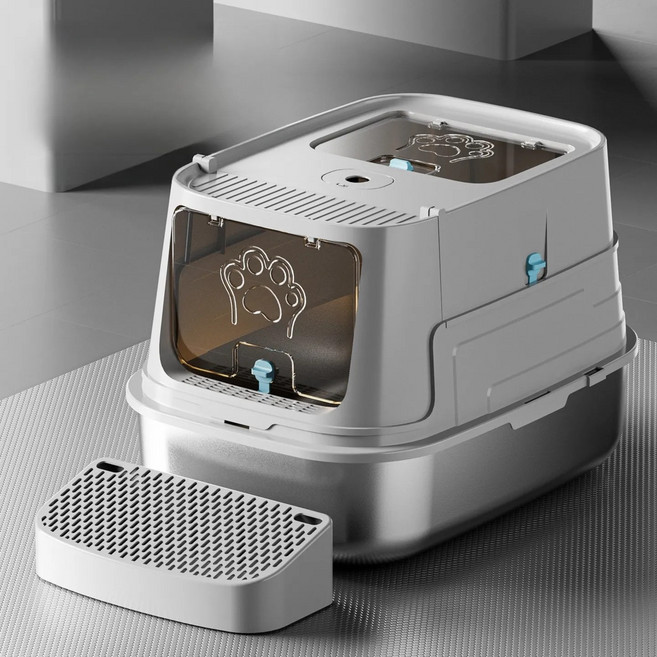 제너텍 고양이 화장실 후드형 밀폐 외부 튀김 방지 스테레인스 대형 반려동물 화장실, 1개, 엘로우