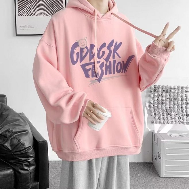 帽T男 小怪圖案 英文印花 大碼刷毛款連帽衛衣男 潮牌ins 港風寬鬆休閒 韓版日系學院風 情侶裝 簡約百搭
