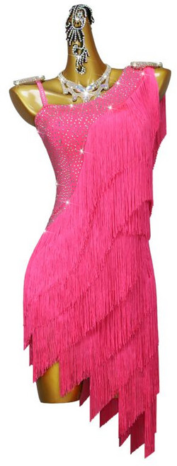 라틴댄스원피스 대회복 공연복 무대의상 드레스 핫핑크 탱고 프린지, 핑크 댄스 스커트 + 목걸이 + 팔찌 + 티아라