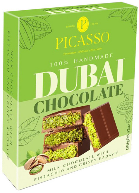 피카소 두바이 초콜릿 피스타치오 카다이프 수제 초콜렛 바삭한 Dubai Chocolate, 1개, 100g