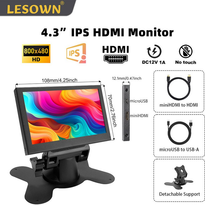 LESOWN 소형 디스플레이 채팅창 모니터 3인치 화면 노트북 800X480 컴팩트 보조 여행용 LCD IPS 미니 휴대용, Black with Support